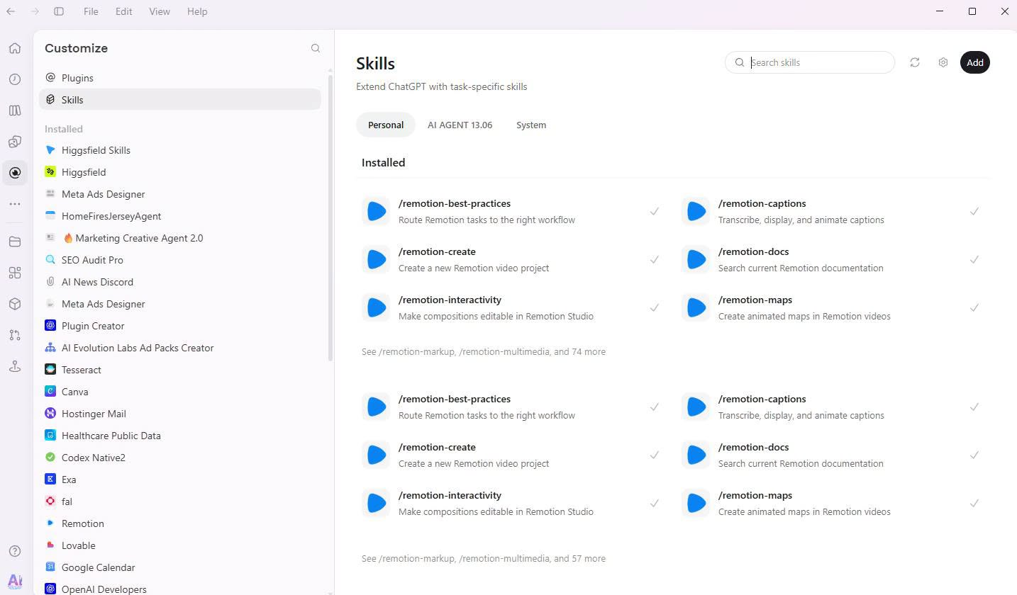 Panel Customize z zainstalowanymi pluginami i listą skilli