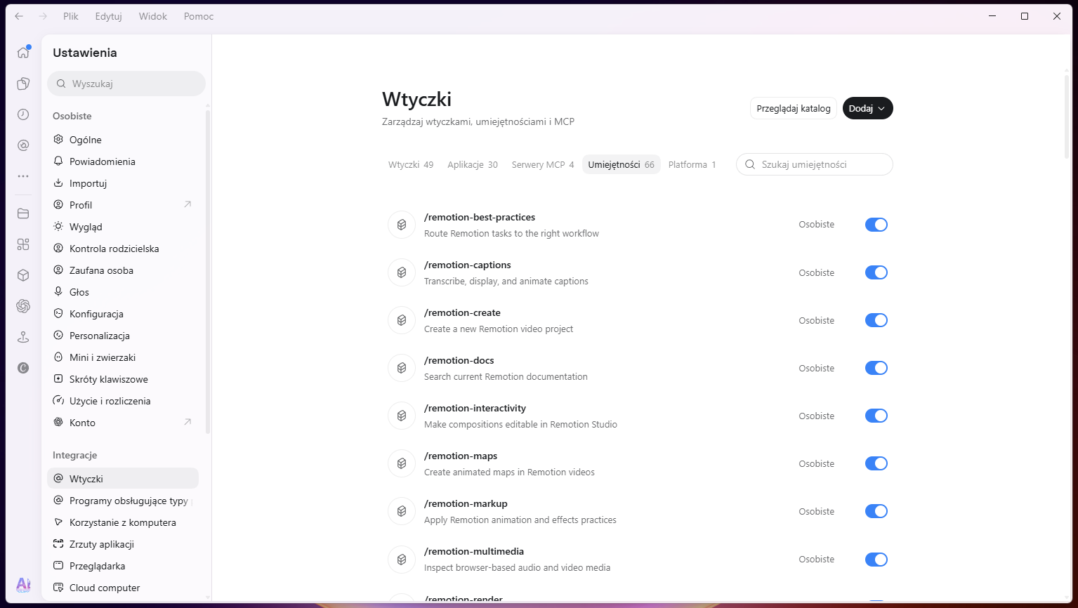 Ustawienia - Wtyczki, zakładka Umiejętności z listą skilli /remotion