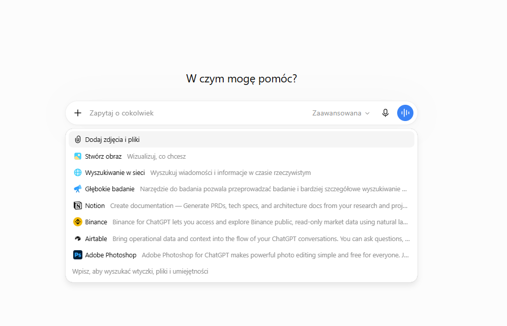 Pole tekstowe ChatGPT z rozwiniętym menu trybów i wtyczek