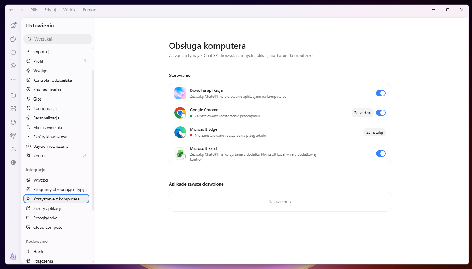 Ustawienia - Obsługa komputera z przełącznikami: dowolna aplikacja, Chrome, Edge, Excel