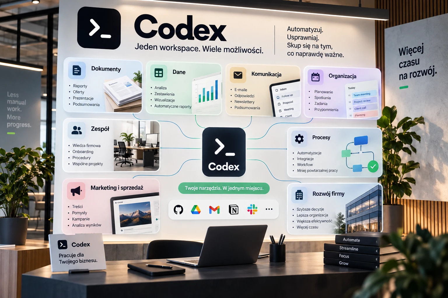 Polska infografika z Codexem w centrum pracy firmy: dokumenty, dane, komunikacja, organizacja, zespół, procesy, marketing i sprzedaż oraz rozwój firmy.