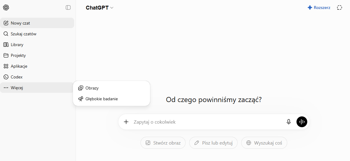 Ekran startowy ChatGPT z lewym menu i polem pytania