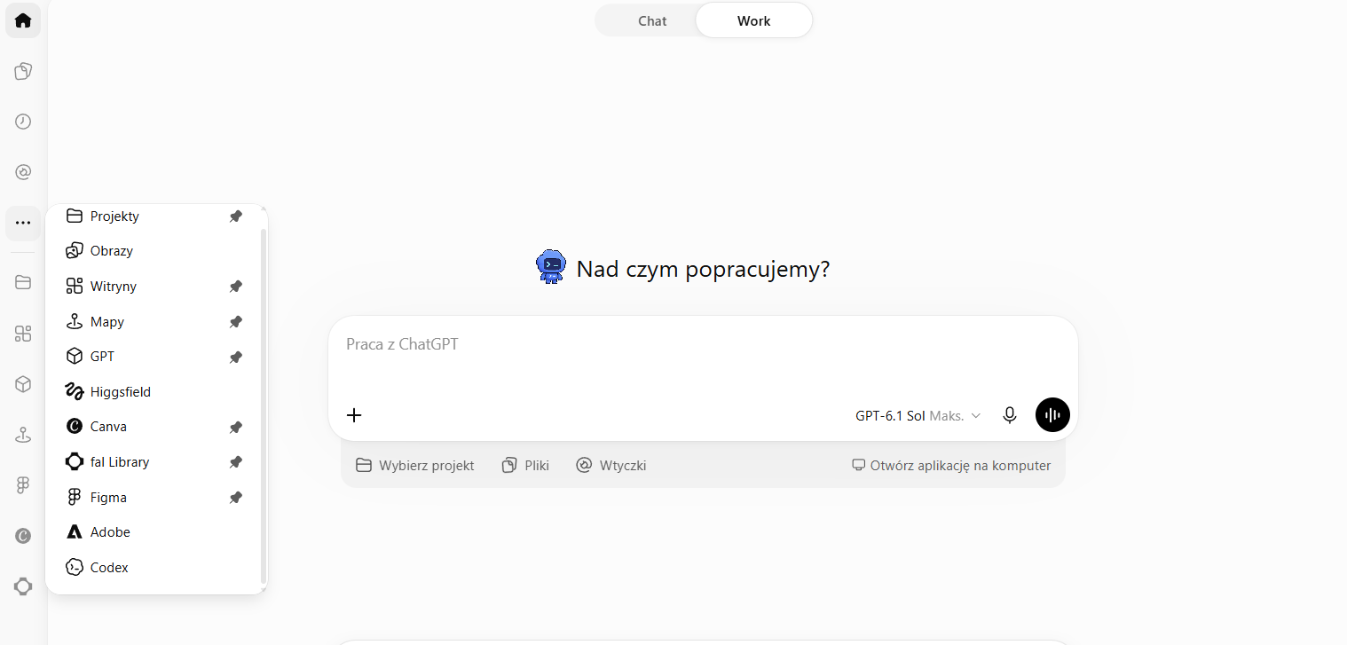 Ekran startowy ChatGPT Work z otwartym menu Więcej, polem promptu i modelem GPT-6.1 Sol