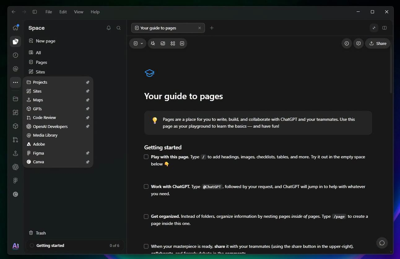 Aplikacja ChatGPT na komputer, Space: strona „Your guide to pages” z otwartym menu Projects, Sites, Maps, GPTs i Code Review