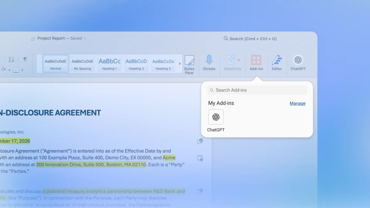 Wstążka Worda z otwartym menu Add-ins i dodatkiem ChatGPT na liście My Add-ins