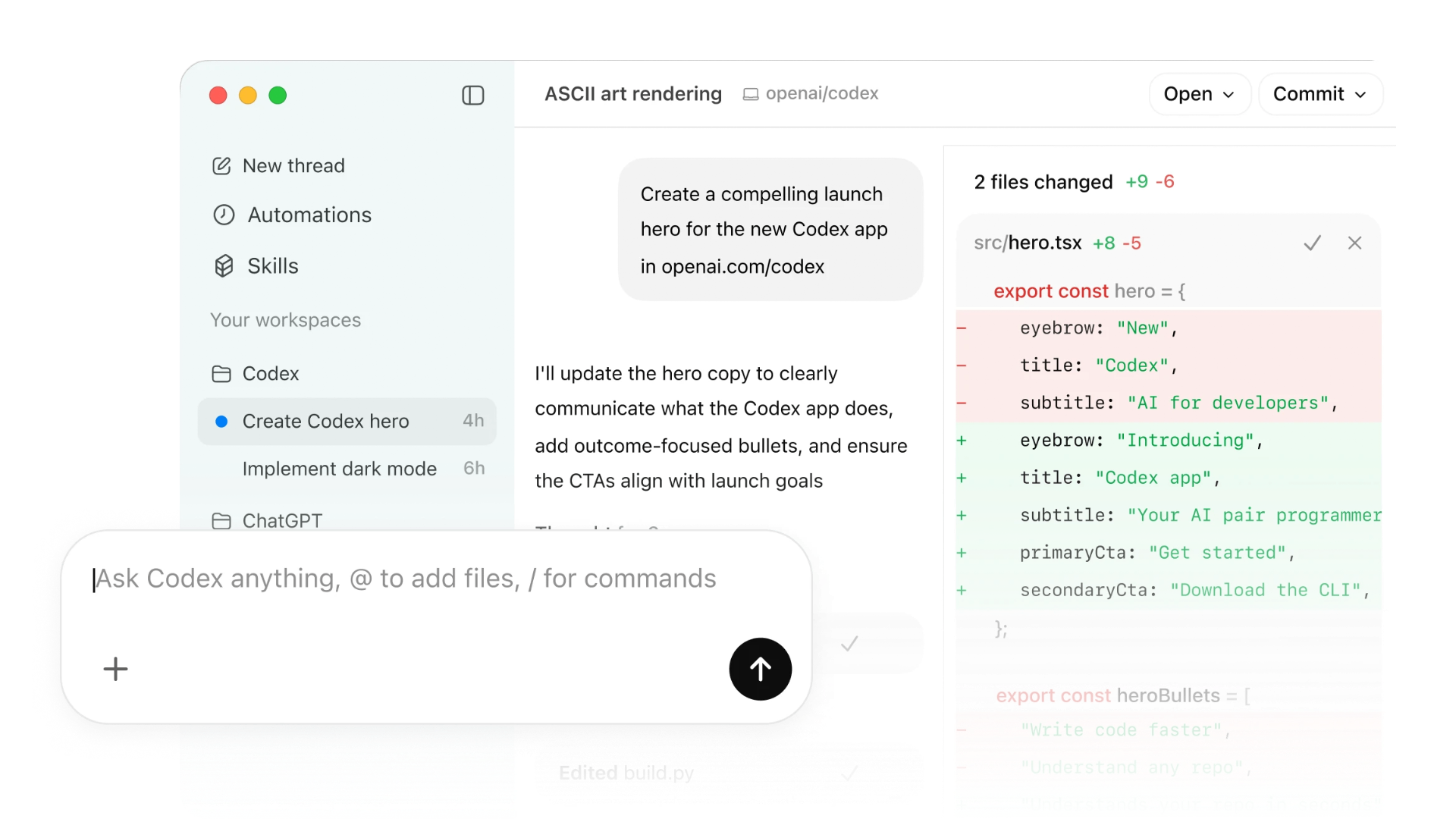 Codex App — interfejs desktop