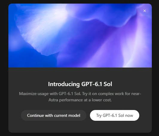 Okno ChatGPT „Introducing GPT-6.1 Sol” z przyciskami „Continue with current model” i „Try GPT-6.1 Sol now”