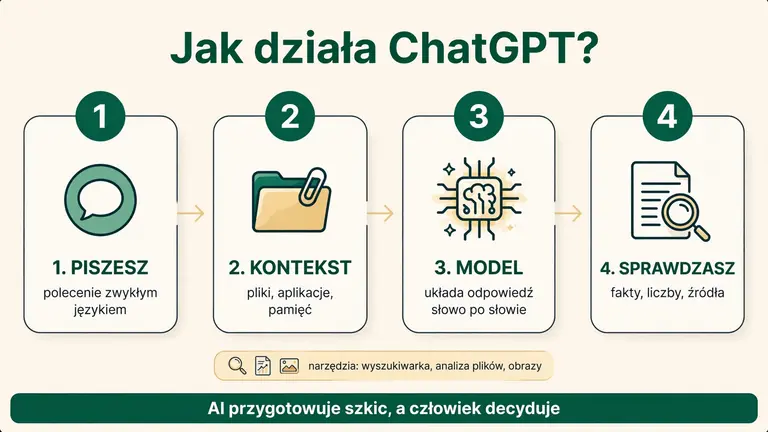 Cztery kroki: piszesz polecenie, ChatGPT zbiera kontekst, model układa odpowiedź z pomocą narzędzi, Ty sprawdzasz wynik.