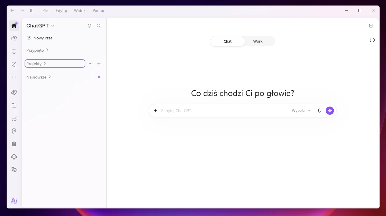 Aplikacja ChatGPT na komputerze: ekran startowy Chat z polem „Zapytaj ChatGPT”, listą Przypięto, Projekty, Najnowsze i przełącznikiem Chat / Work